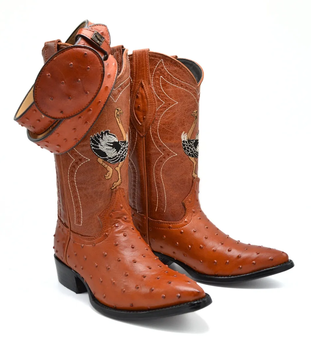 Combo JB901 Cognac Men's Western Boots: J Toe Cowboy boots in Genuine Leather Ostrich Print 001 cognac  Belt