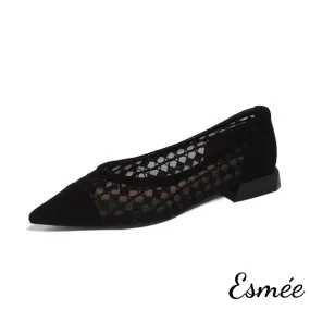 Embroidered Cotton Low Heels with Open Mesh Design