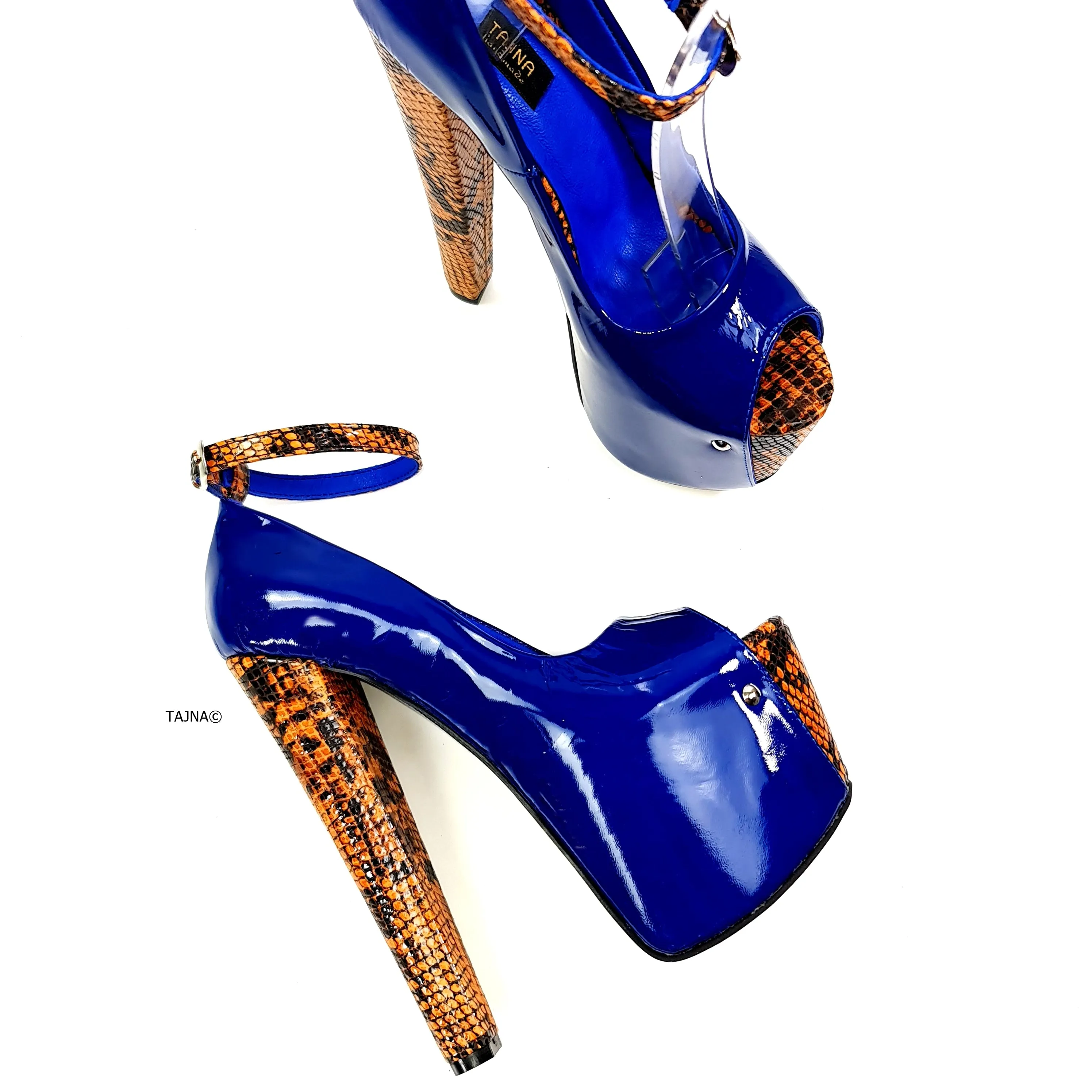 Genuine Leather Blue Orange Snake Detail Heels