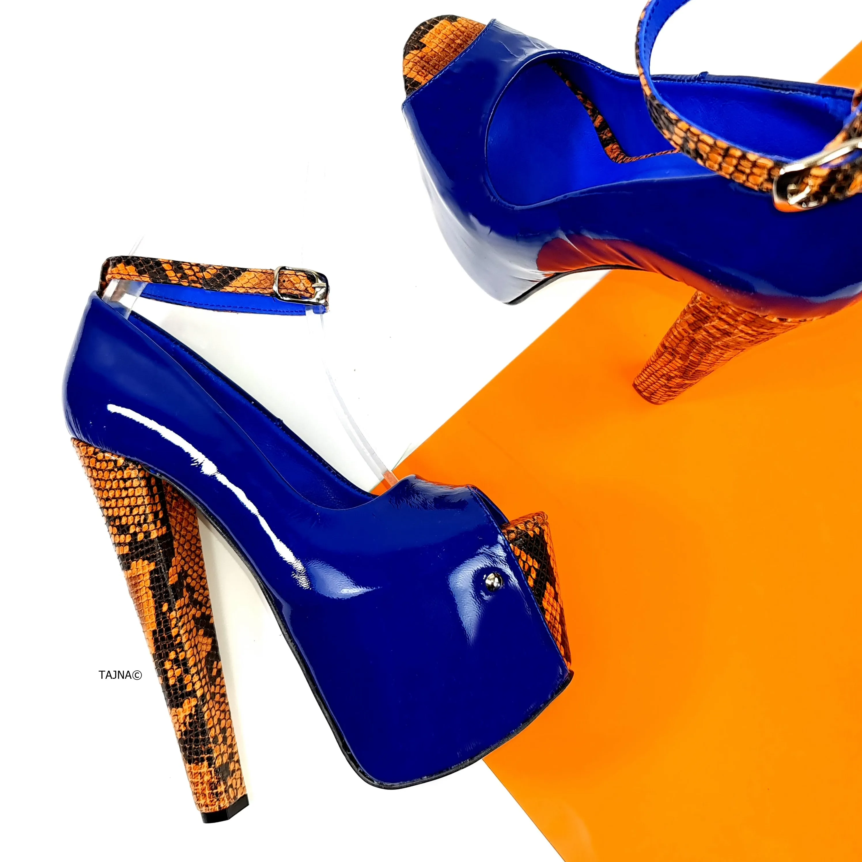 Genuine Leather Blue Orange Snake Detail Heels