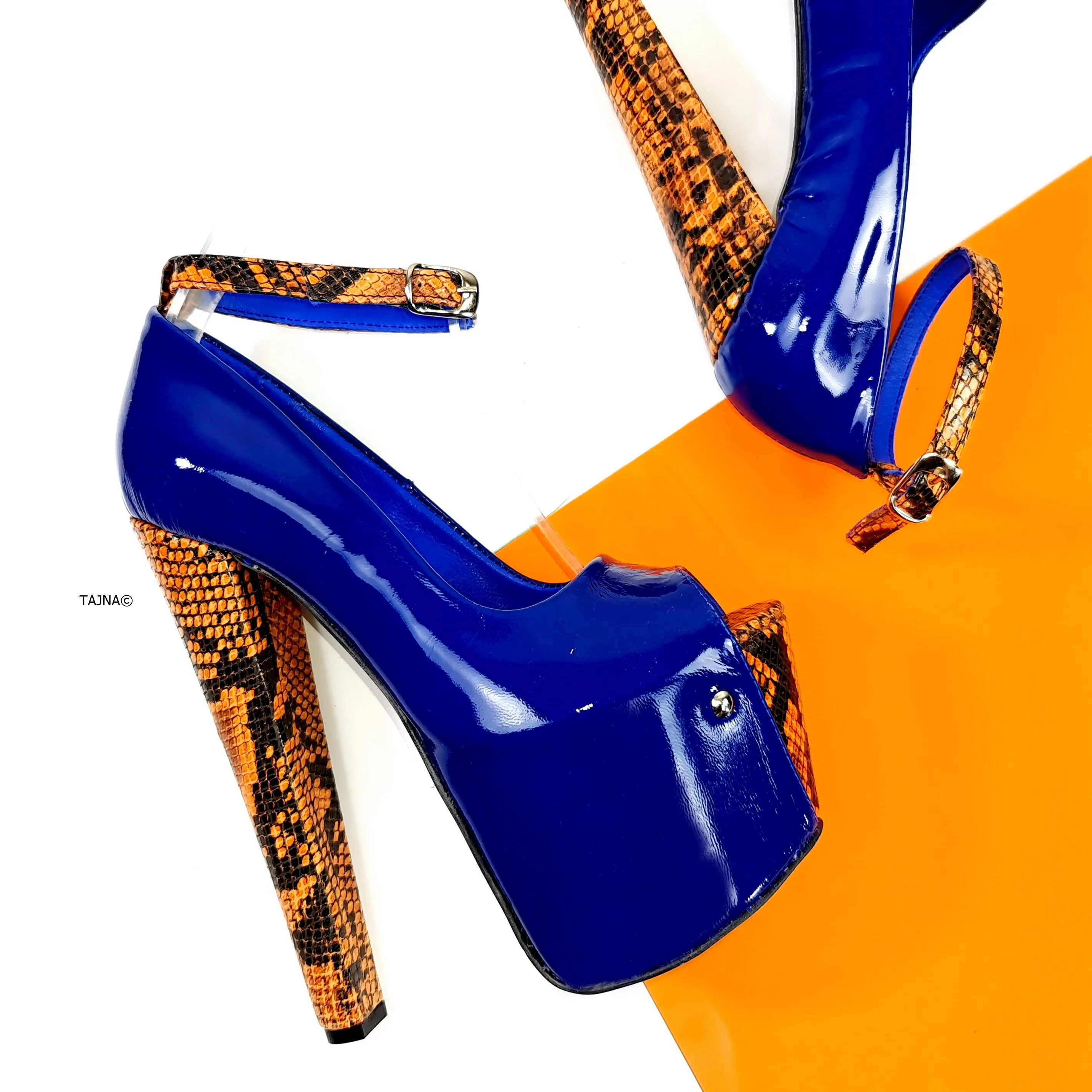 Genuine Leather Blue Orange Snake Detail Heels