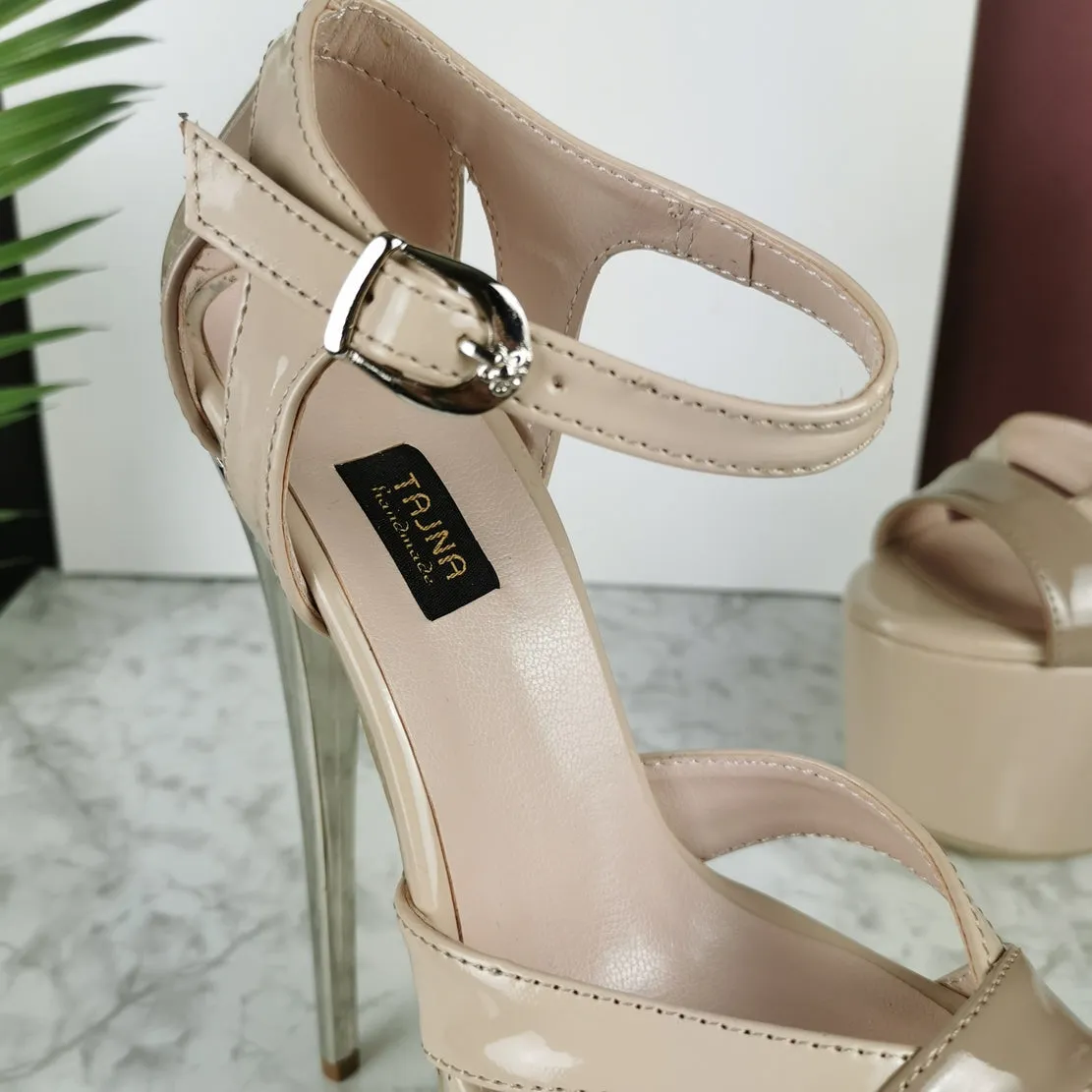 Nude Beige Patent Ankle Strap Dia Heels