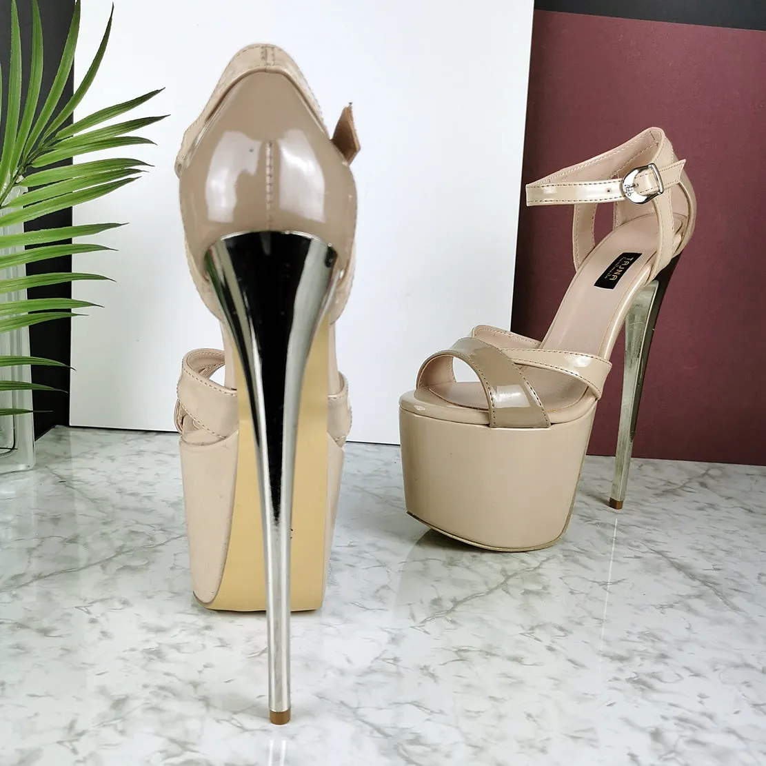 Nude Beige Patent Ankle Strap Dia Heels