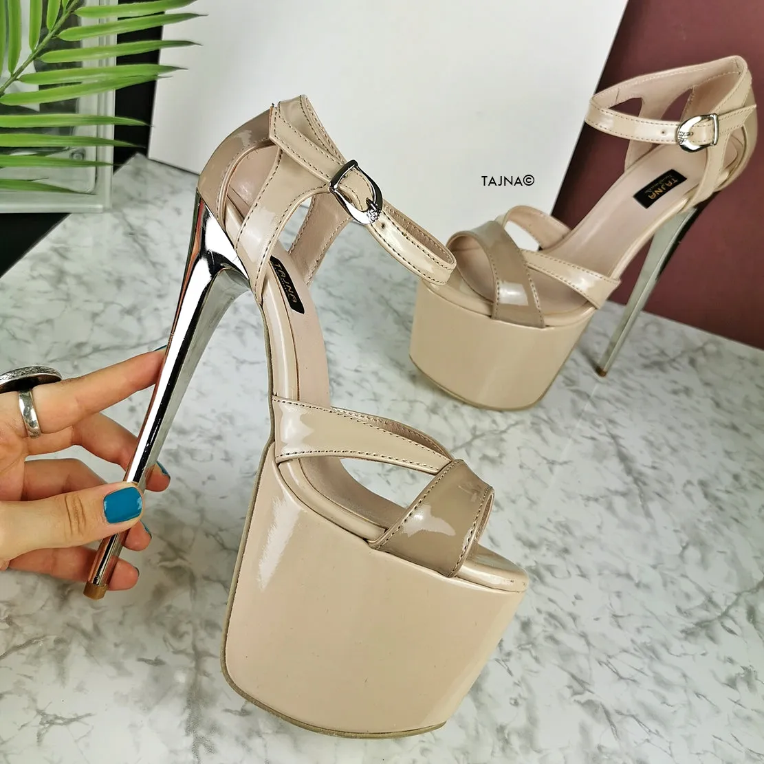 Nude Beige Patent Ankle Strap Dia Heels