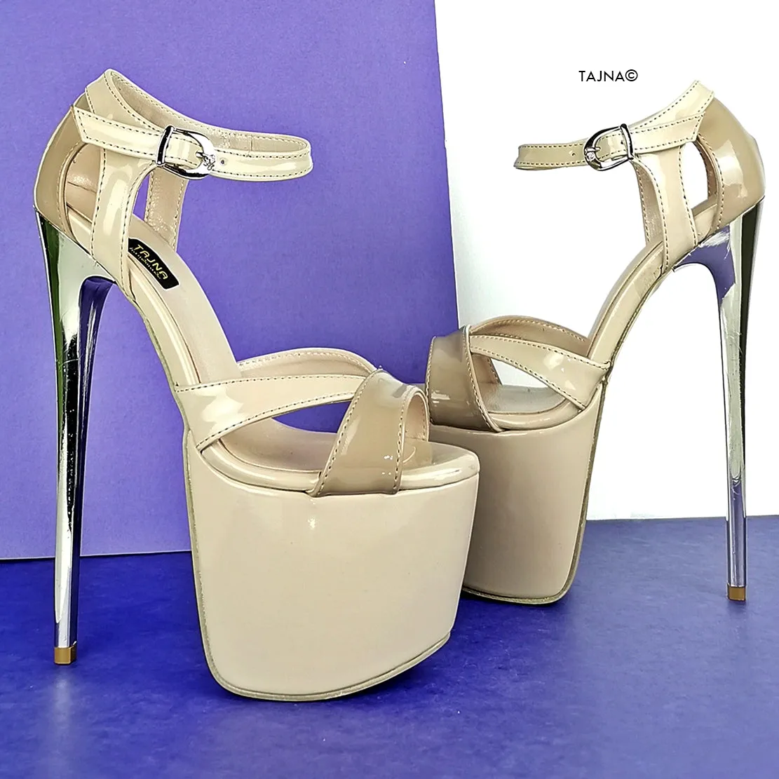 Nude Beige Patent Ankle Strap Dia Heels