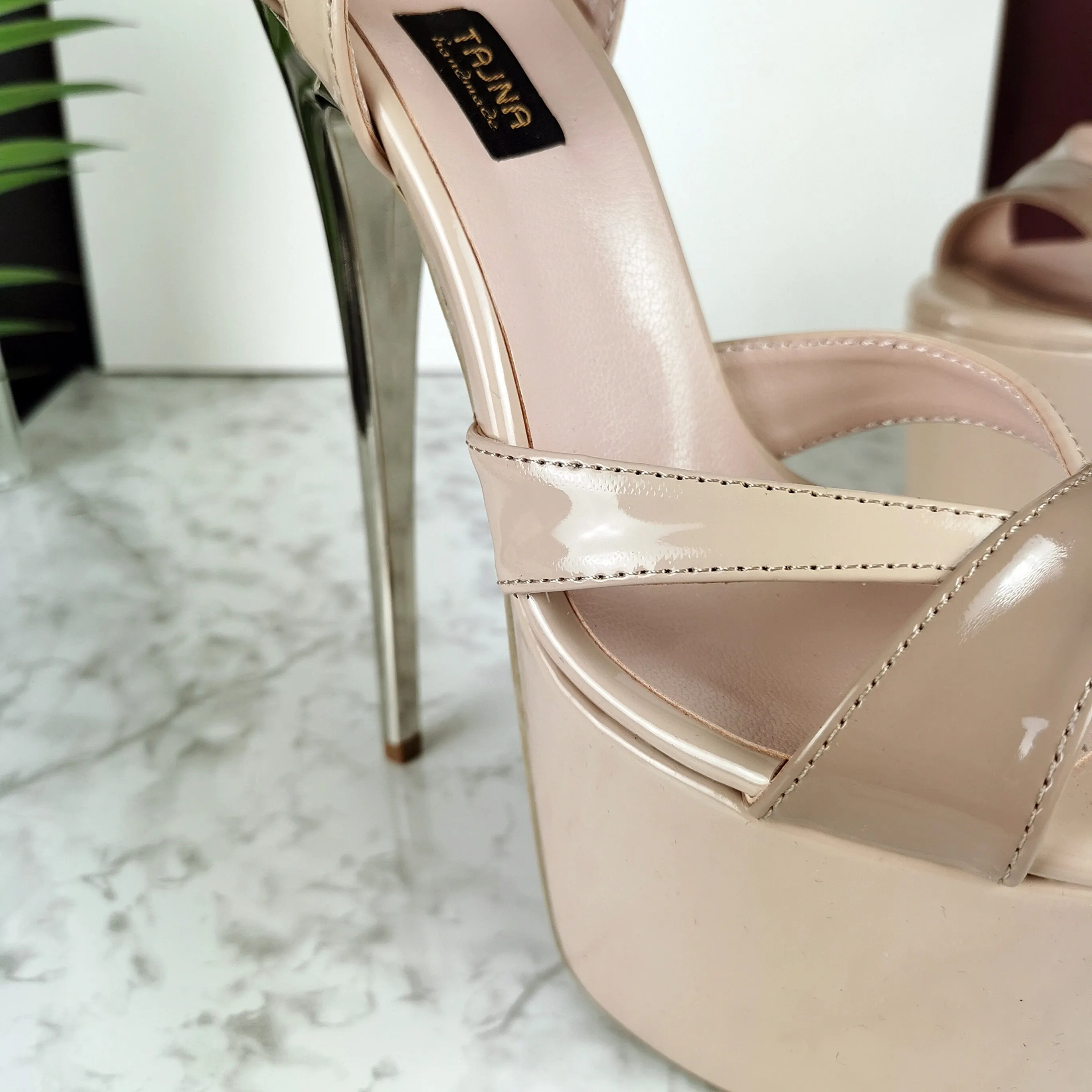 Nude Beige Patent Ankle Strap Dia Heels