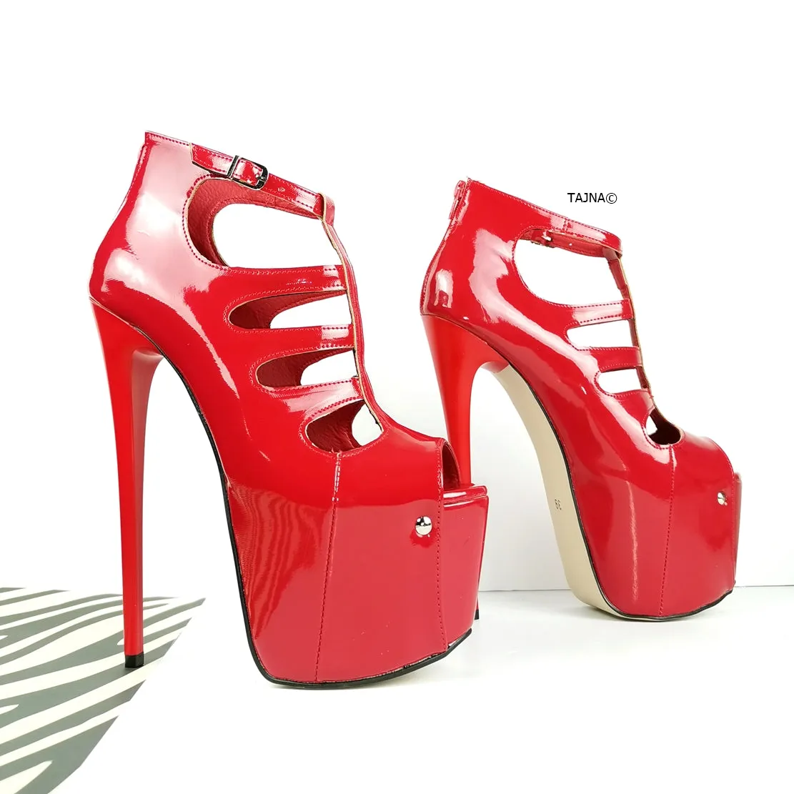 Red Patent Cage Platform Ankle Heels