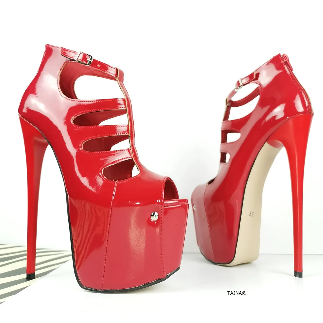 Red Patent Cage Platform Ankle Heels
