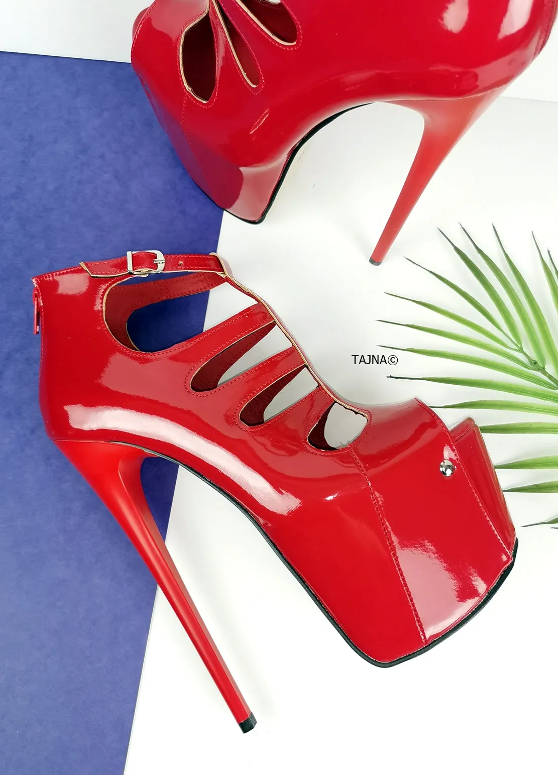 Red Patent Cage Platform Ankle Heels