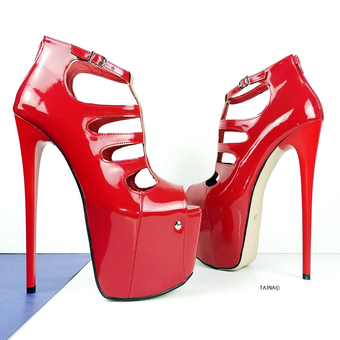 Red Patent Cage Platform Ankle Heels