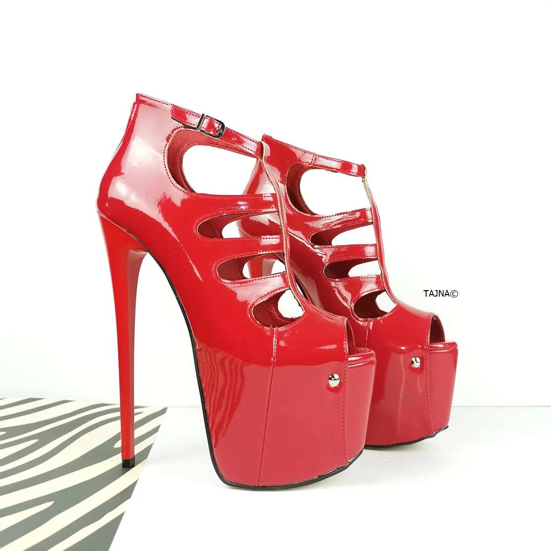 Red Patent Cage Platform Ankle Heels