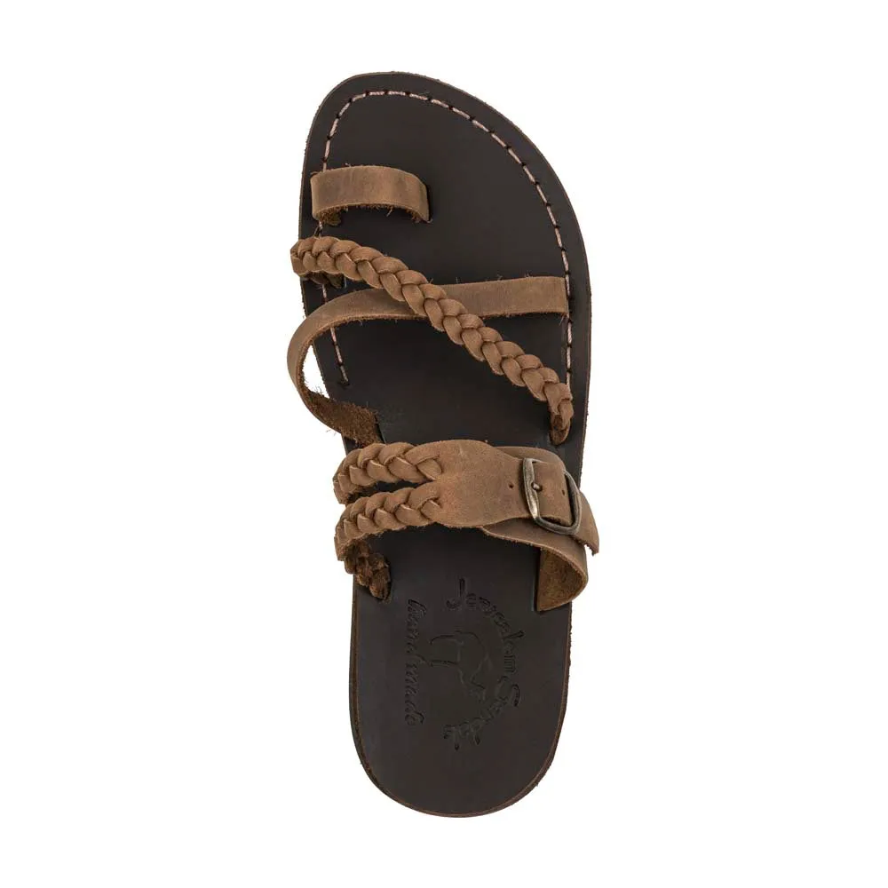 Sophia Buckle - Leather Braided Slide Sandal | Oiled Brown