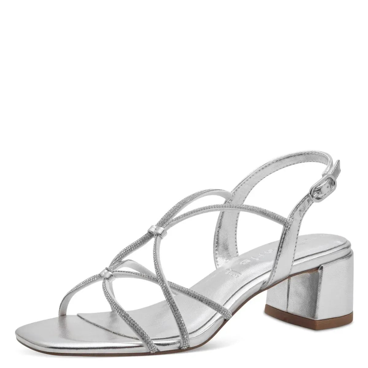 Tamaris Silver Vegan Heels with Diamante Detail and Square Toe