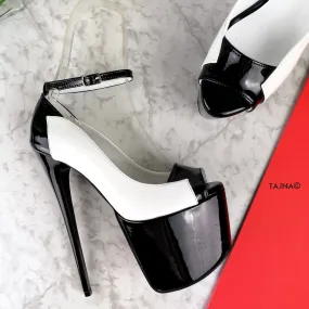 White Black Patent Ankle Strap Designer Heels