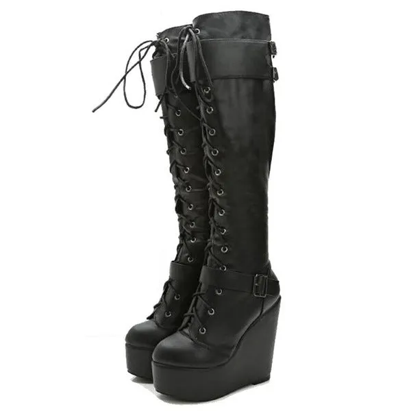 Women chunky platform wedge heels knee high boots lace-up wedge boots